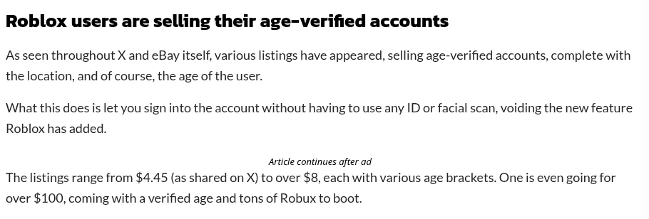 Dexerto reporting on age-verified Roblox accounts sold on eBay