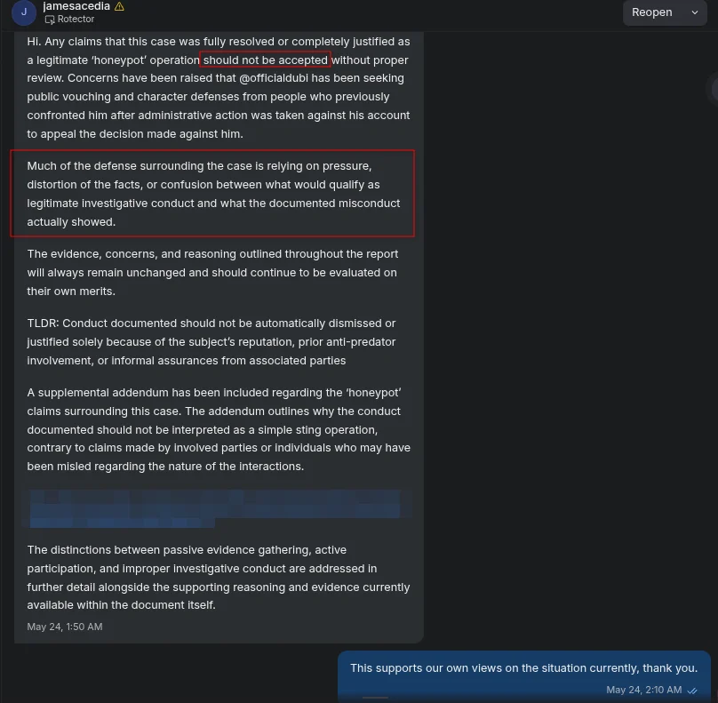 Acedia's formal statement to our team
