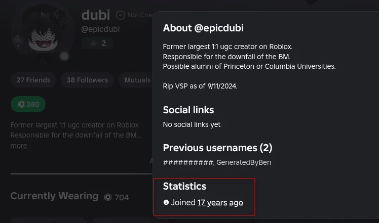 The epicdubi account showing it joined 17 years ago
