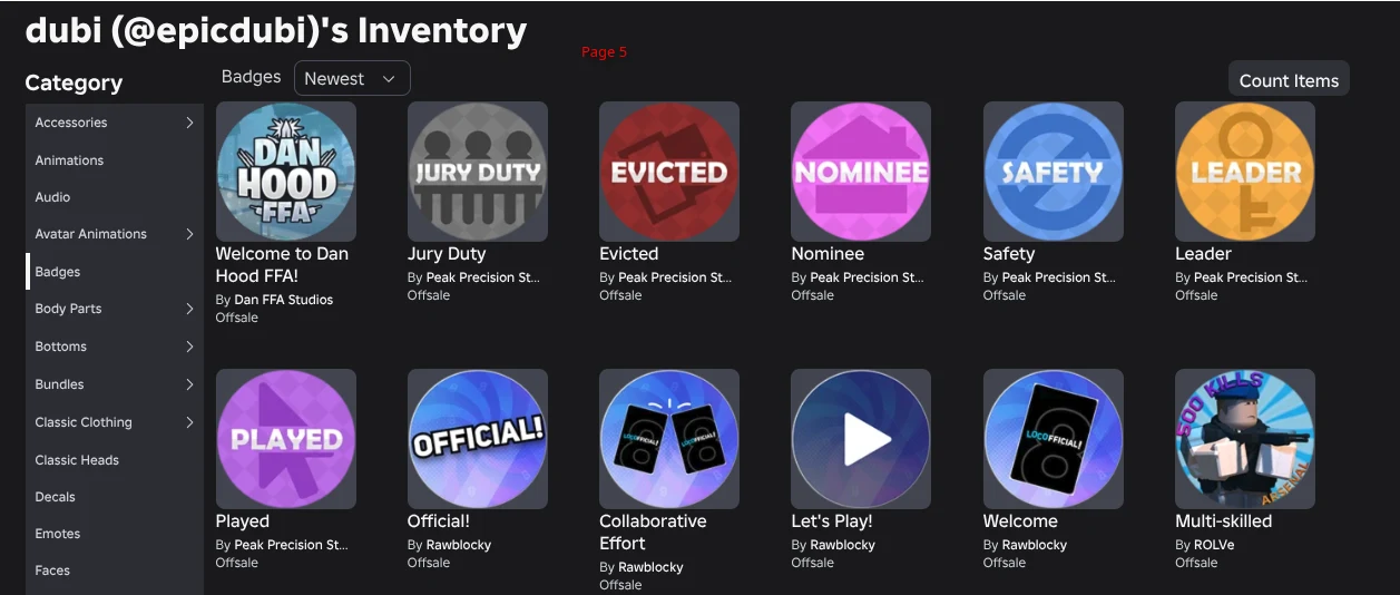 The Eviction Notice badges on the epicdubi inventory, captured today