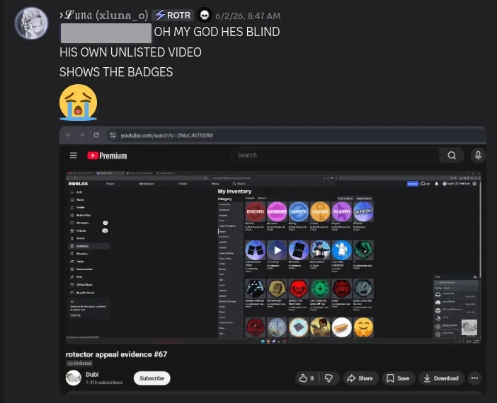 Luna spotting the badges in his own appeal video