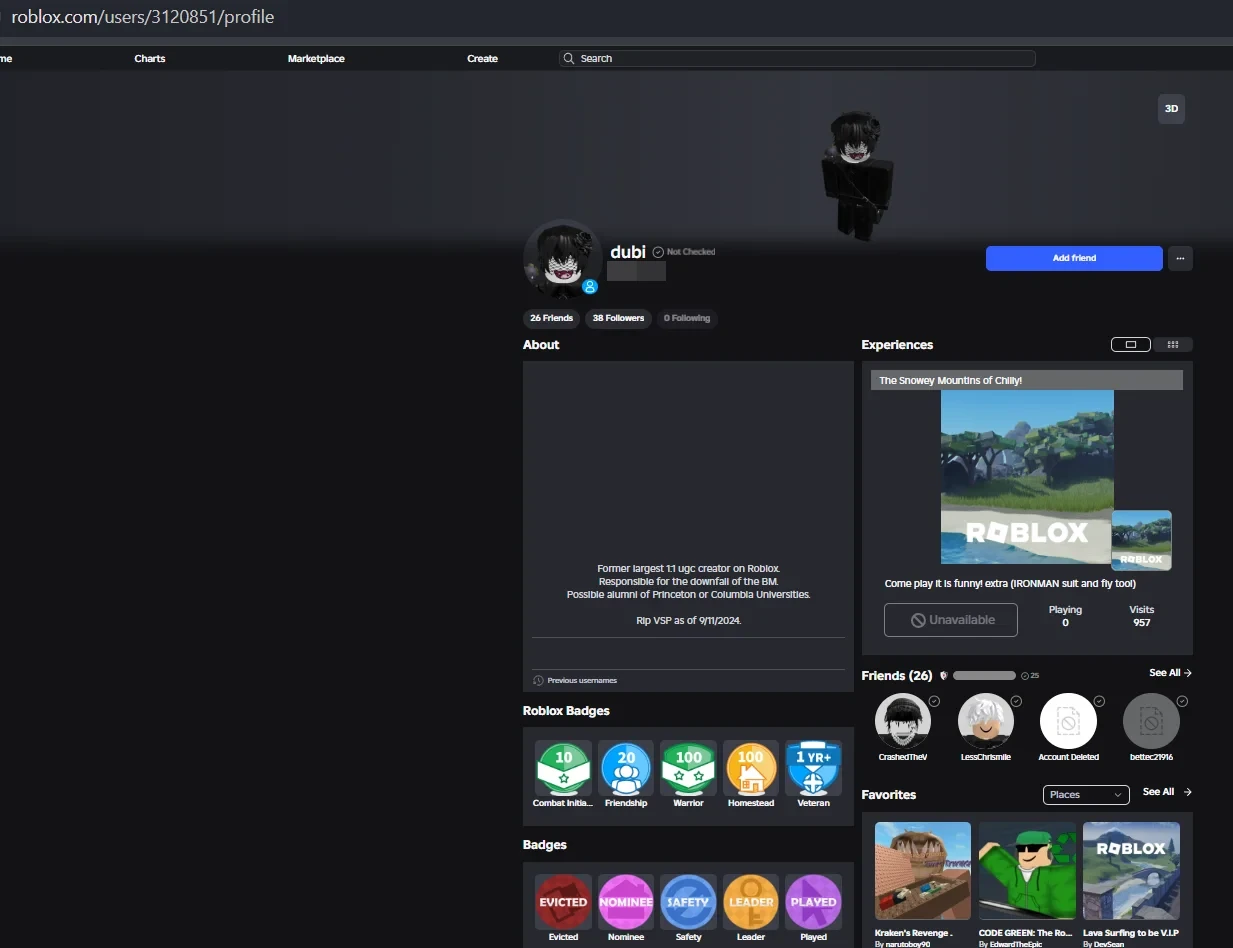 His profile showing Eviction Notice badges