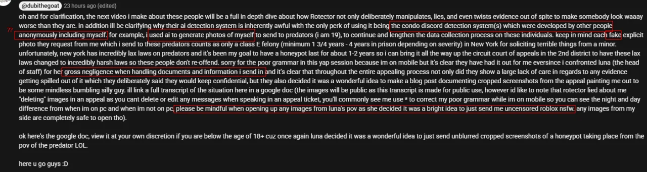 His comment responding to this post