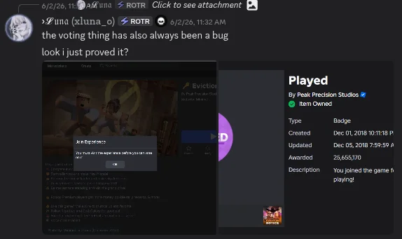 Luna reproducing the vote dialog despite owning the badge