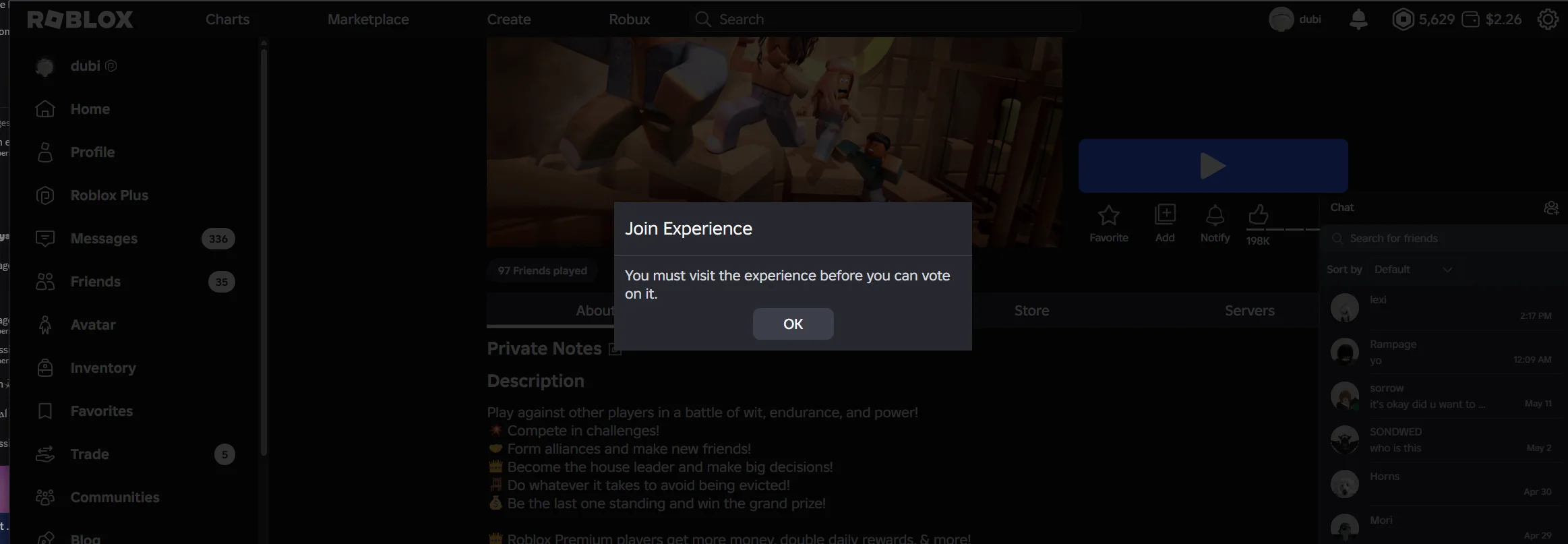 His screenshot of the vote dialog