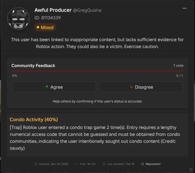His Rotector profile showing Mixed status