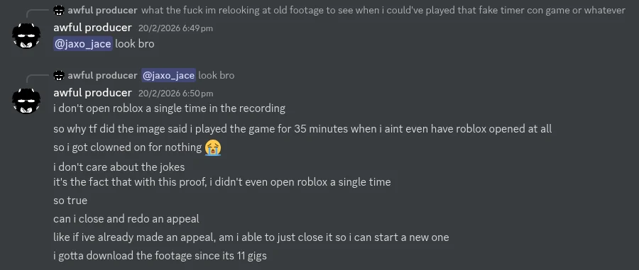His messages claiming he never opened Roblox