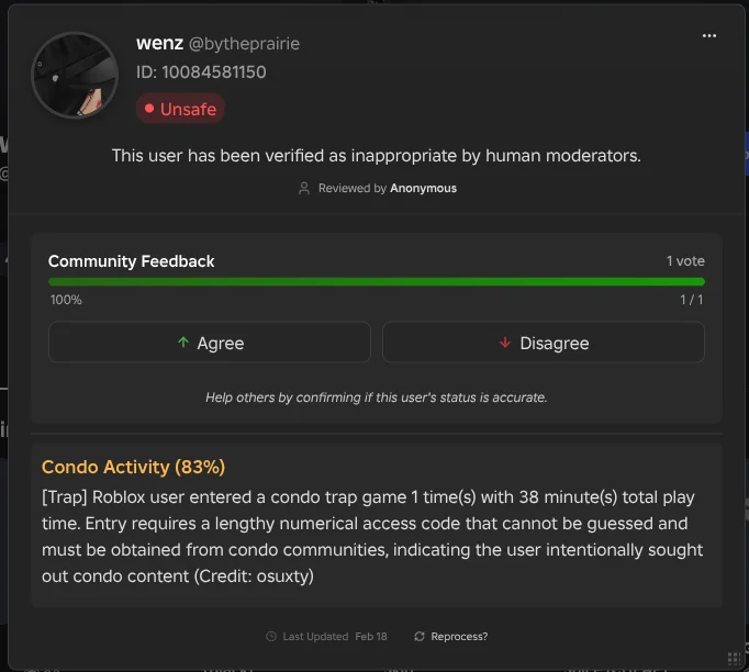 The random user he mentioned, flagged as Unsafe