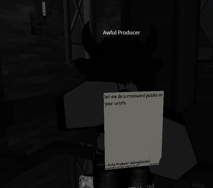 Holding a sign reading "let me do a crossword puzzle on your wrists" inside a Roblox game