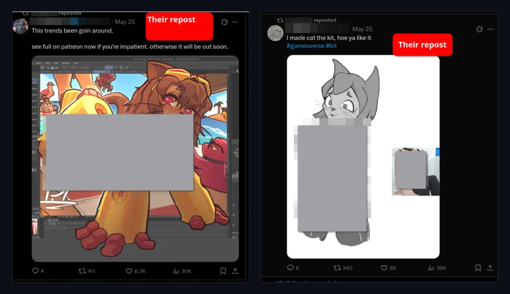 Rotector dossier: explicit art reposted publicly on this reviewer's X account
