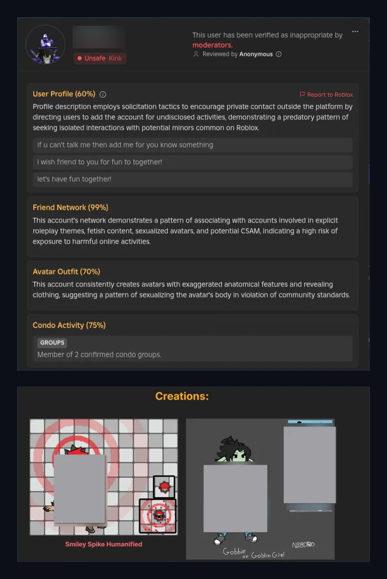 Rotector dossier: solicitation profile, explicit friend network, and NSFW artwork